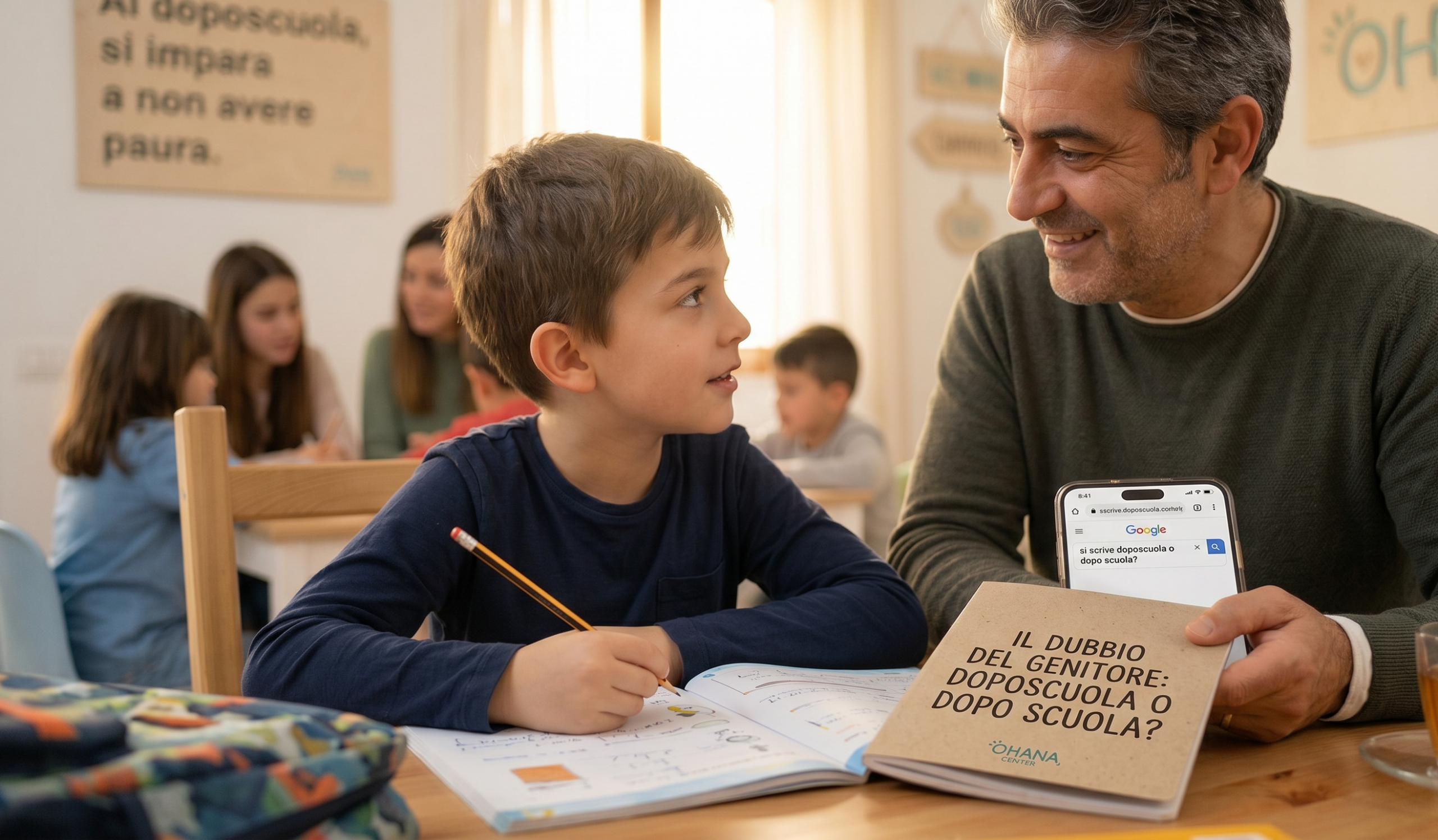 Un papà sorridente aiuta il figlio a fare i compiti e mostra uno smartphone con la ricerca Google "si scrive doposcuola o dopo scuola?", accanto a un quaderno dell'Ohana Center.