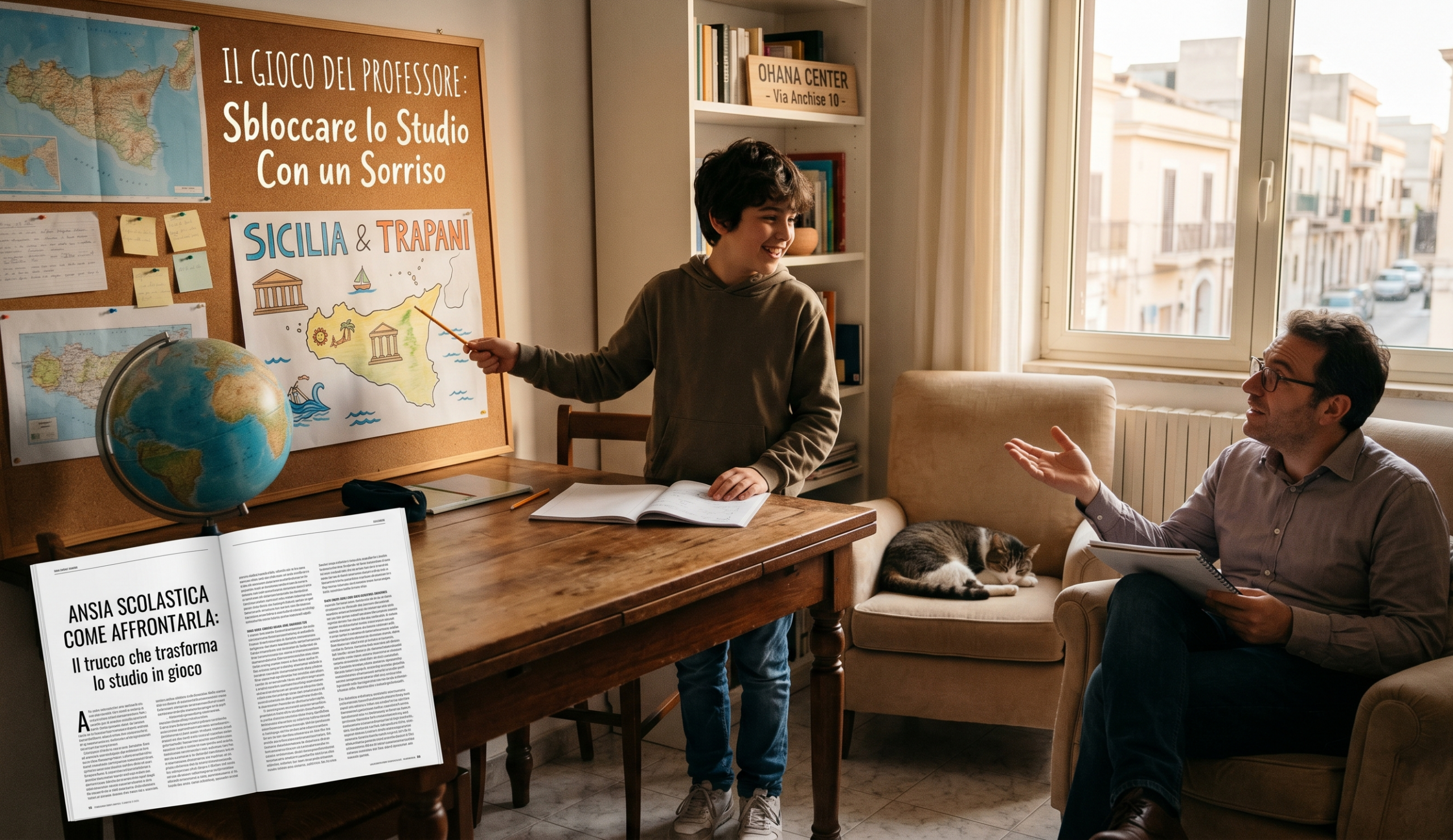 Un ragazzo delle scuole medie applica il Gioco del Professore spiegando la lezione di geografia al padre in salotto per superare l'ansia scolastica.