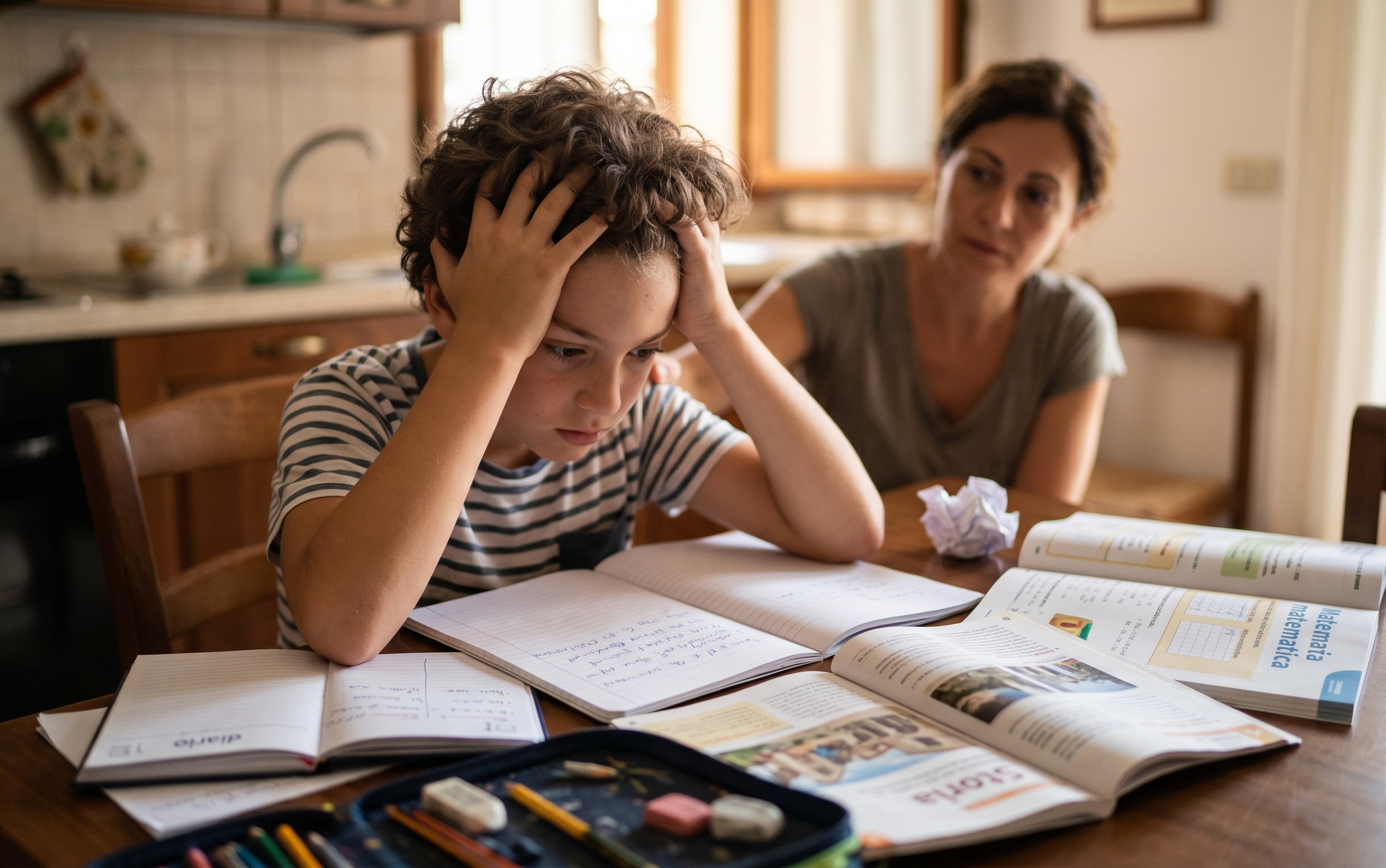 Un bambino in difficoltà con i compiti a casa, evidenziando il blocco emotivo descritto nell'articolo.