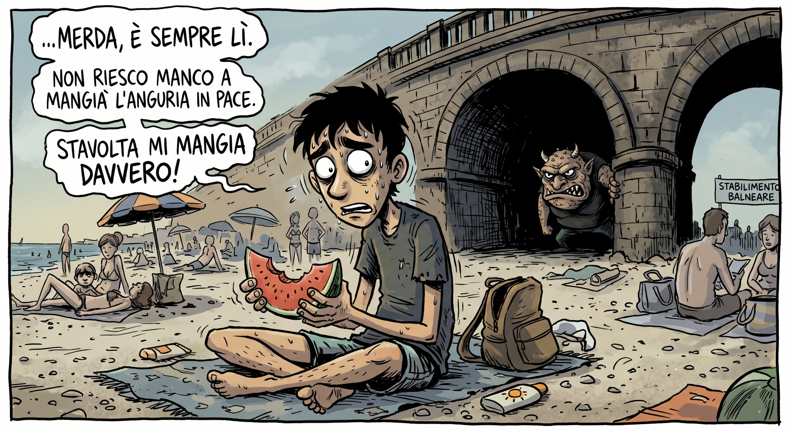 Vignetta fumetto indie con adolescente ansioso che mangia l'anguria in spiaggia, mentre un mostro spocchioso lo fissa dall'ombra sotto un ponte romano.