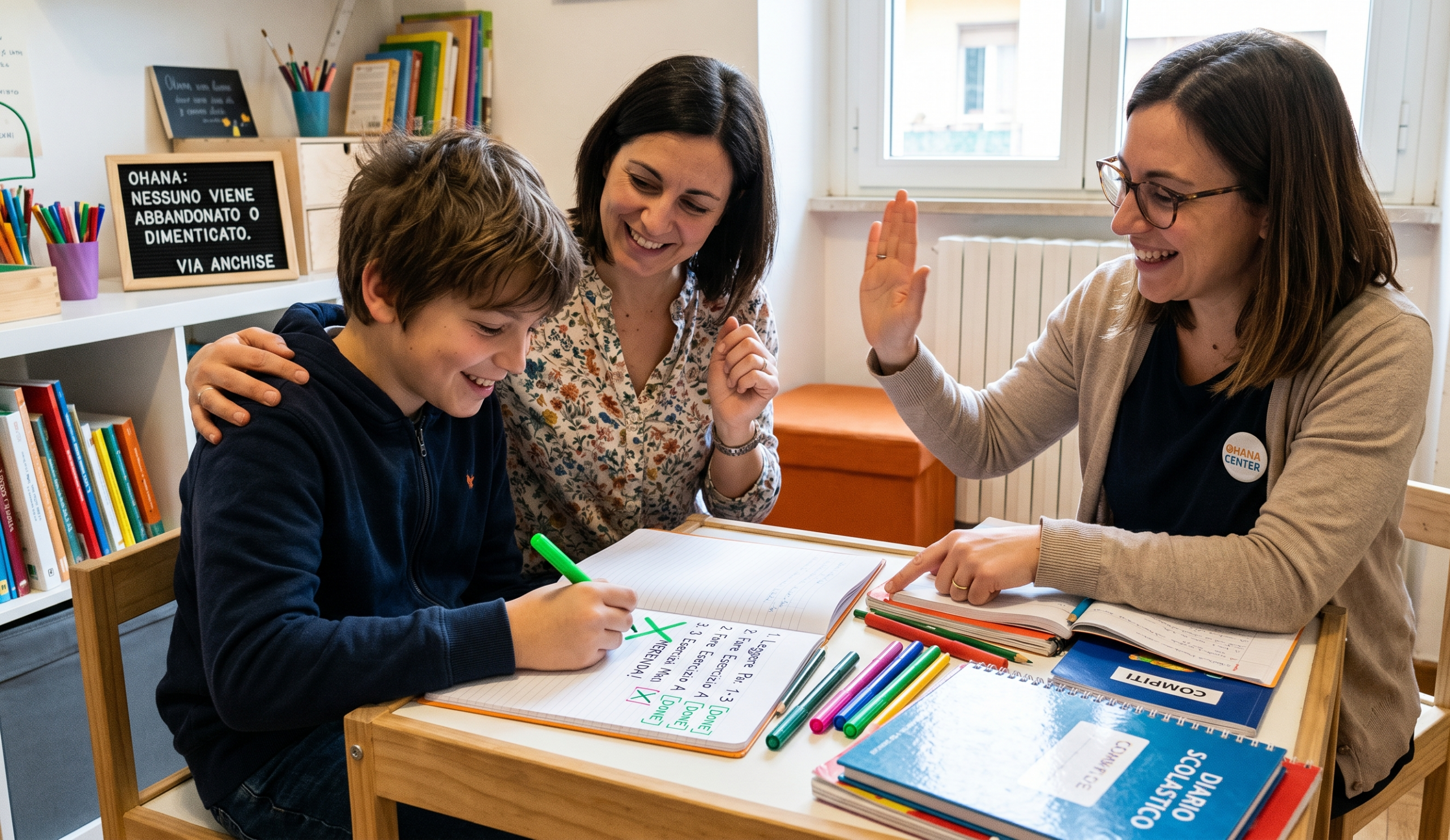Un bambino delle scuole medie sorride e cancella un micro-obiettivo dalla sua lista dei compiti con un pennarello verde, sostenuto da una madre e un'educatrice all'Ohana Center. Un'educatrice fa un high-five, e un cartello sullo sfondo cita 'Ohana significa famiglia'