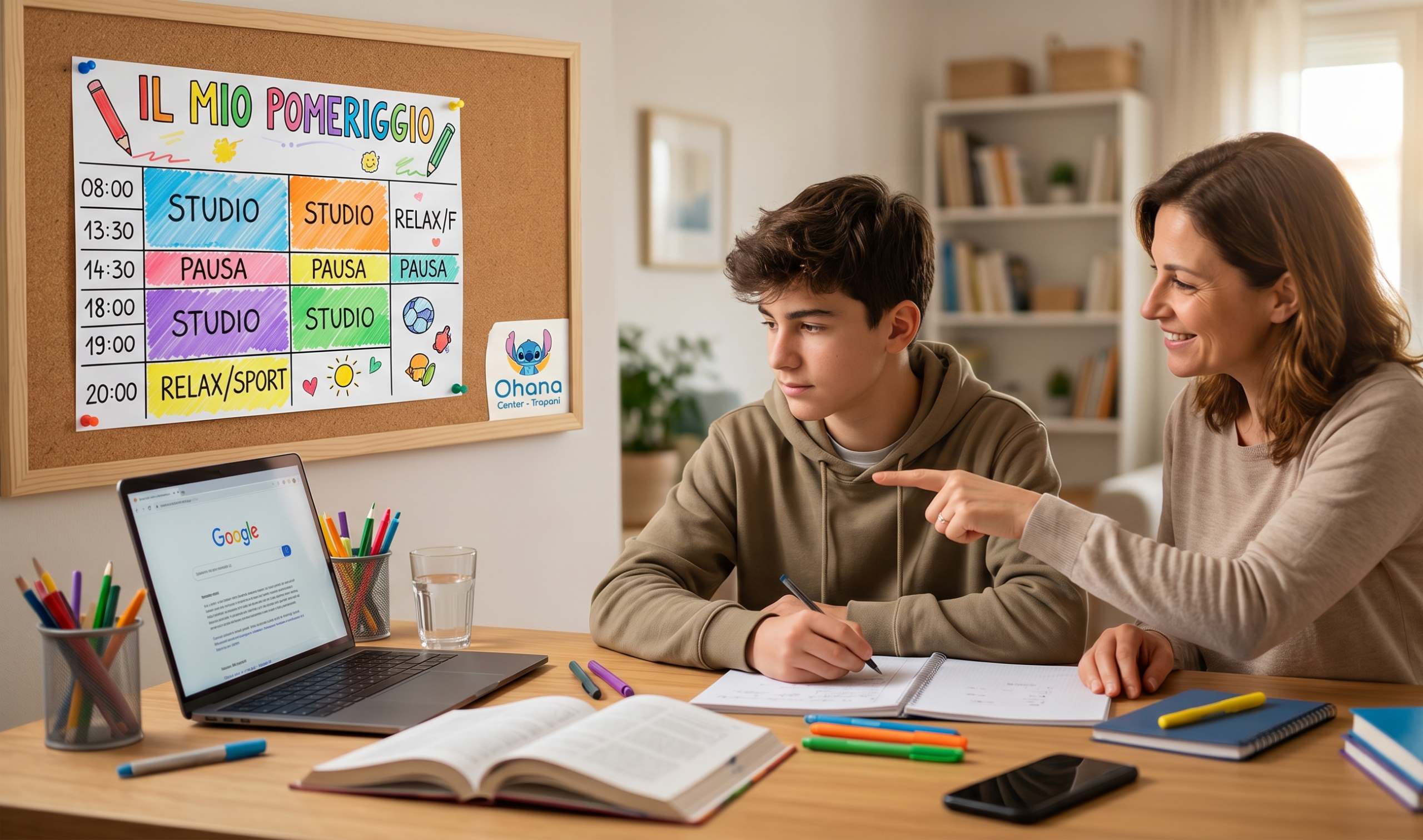 Un'educatrice dell'Ohana Center guida un ragazzo nella compilazione di una tabella degli orari colorata per ritrovare la motivazione nello studio a Trapani.