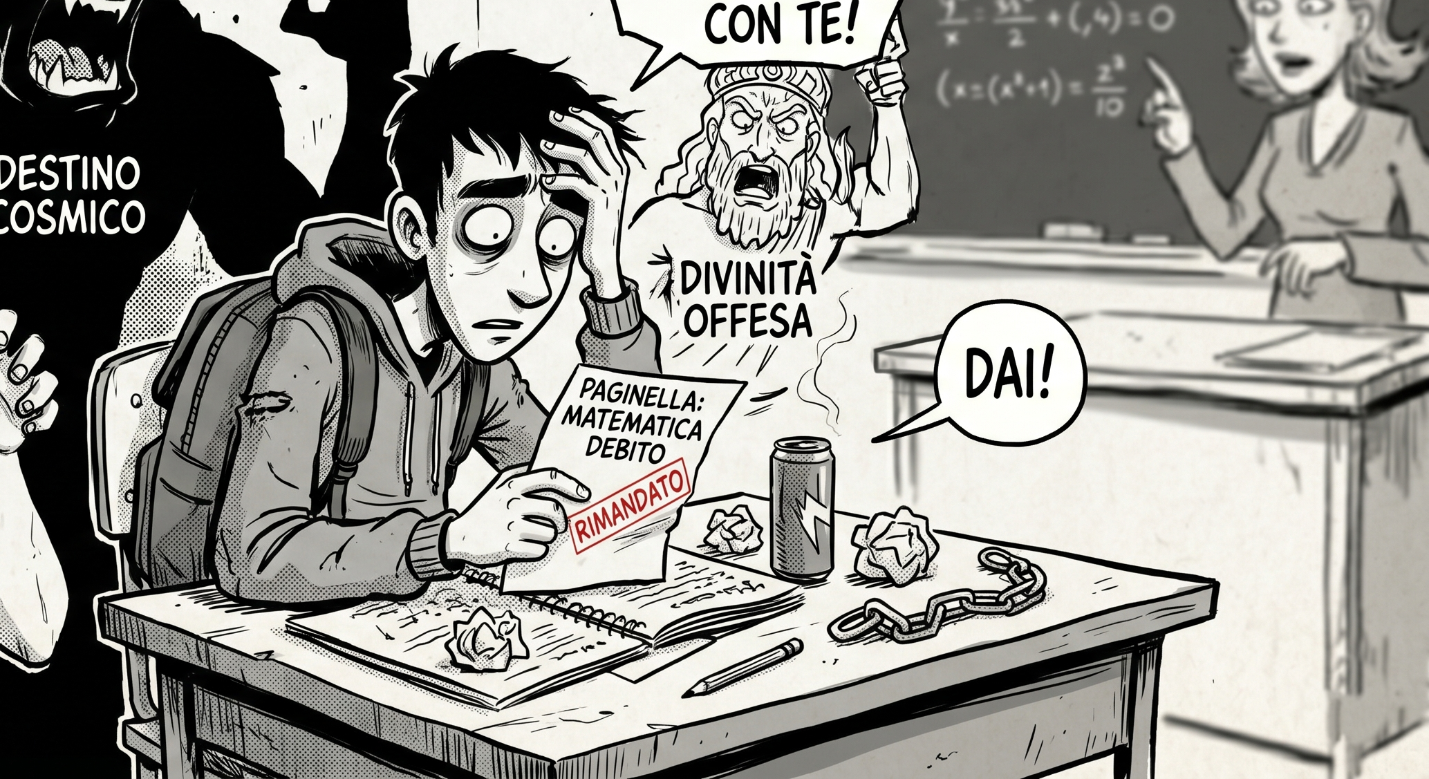 Fumetto con uno studente disperato per essere stato rimandato a scuola, circondato dalle personificazioni della Natura Matrigna, del Destino Cosmico e del dio Marduk, mentre la prof spiega la social catena.